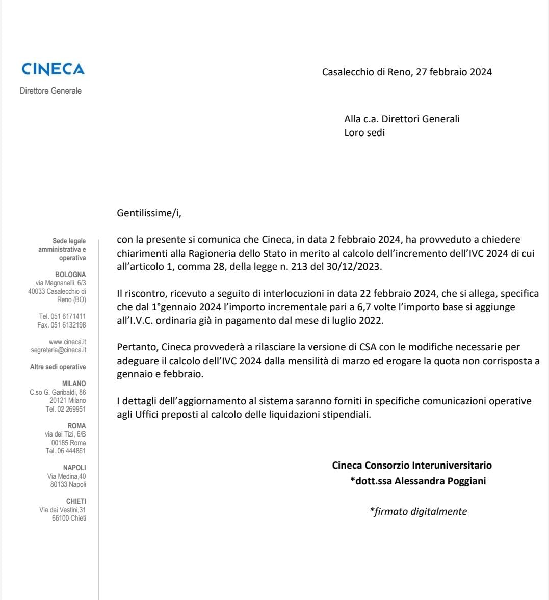 cineca Informativa Nazionale:Nota CINECA ''Adeguamento lVC già dal prossimo mese di Marzo nei termini dai noi richiesti''